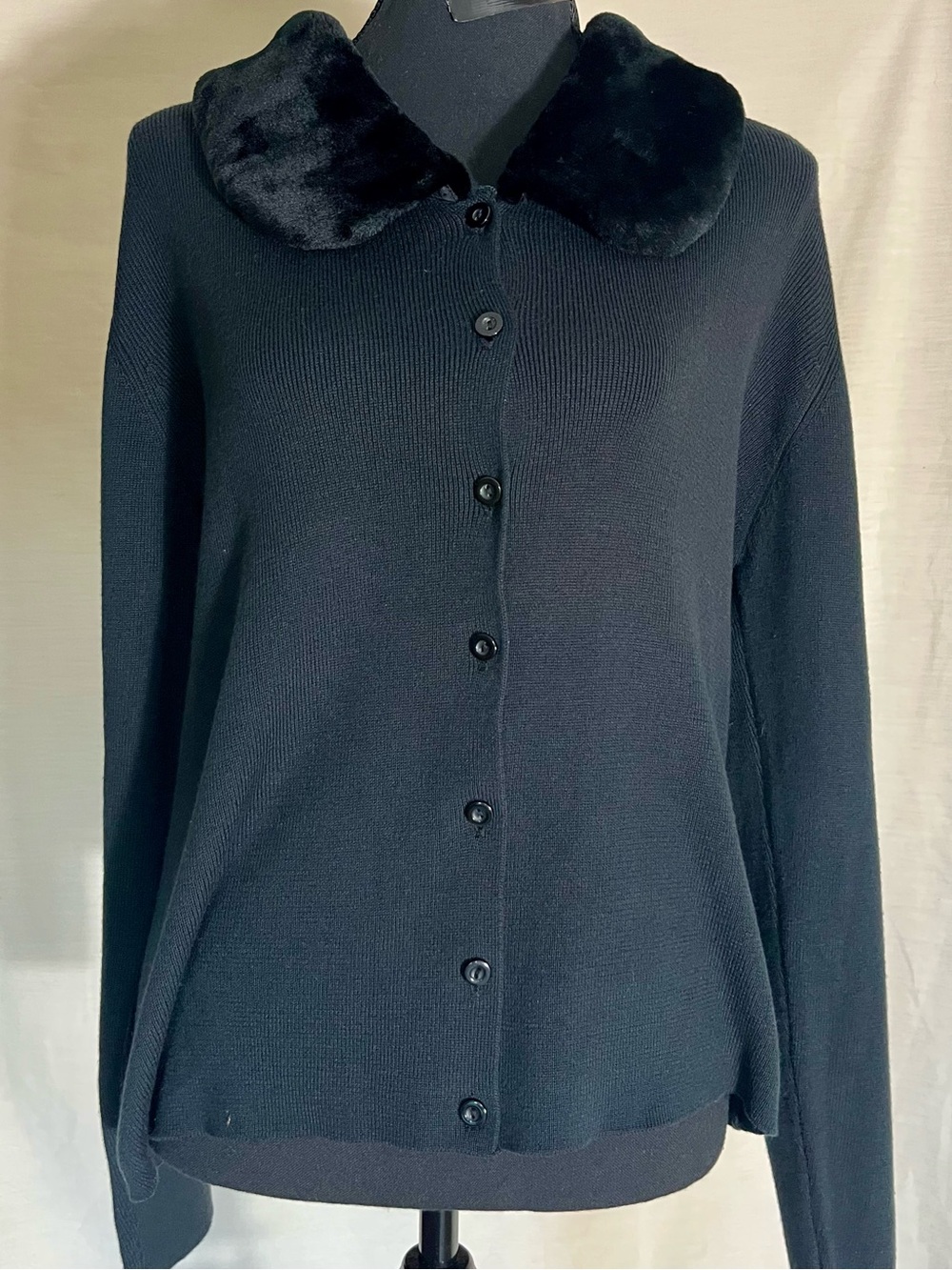 Vintage Kathie Lee Black Faux Fur Collar Ribbed Cardigan Sweater Large Y2K 90s